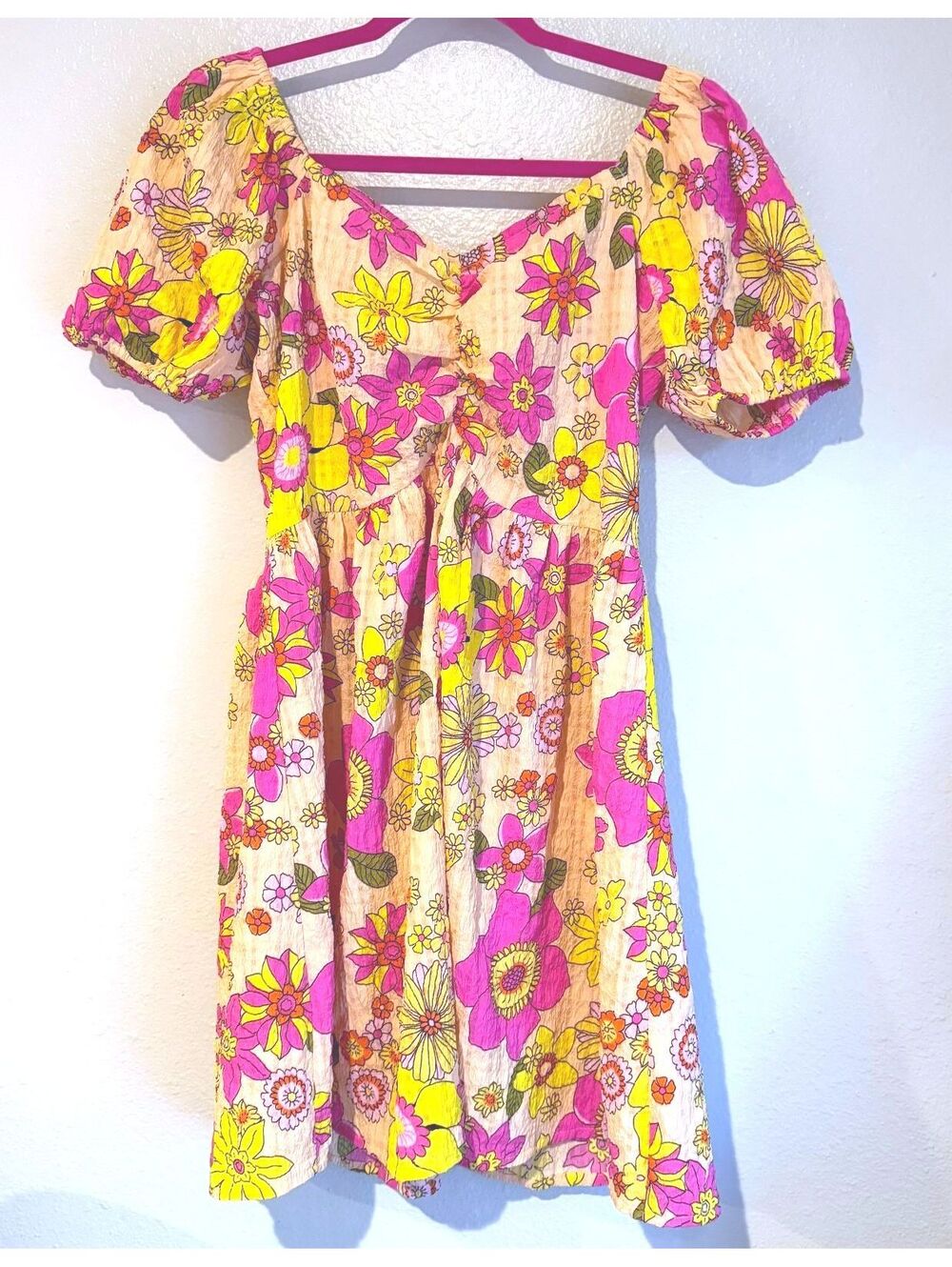 ONLY 60s-Inspired Pink Yellow Floral Dress Size 38